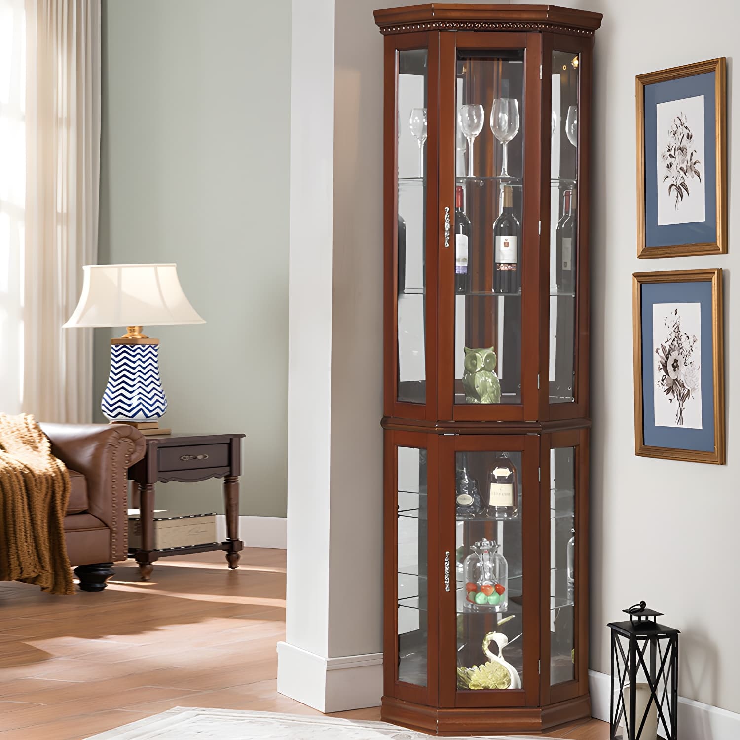 Rubberwood & Glass Triangle Corner Cabinet in Brown with Storage Shelves - image 10