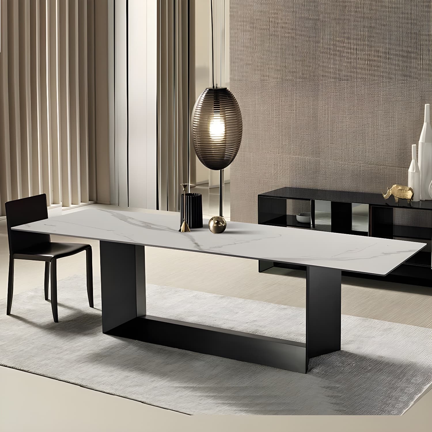 Sophisticated Modern Rectangle Stone Kitchen & Dining Table with Black Metal Trestle Base - image 4