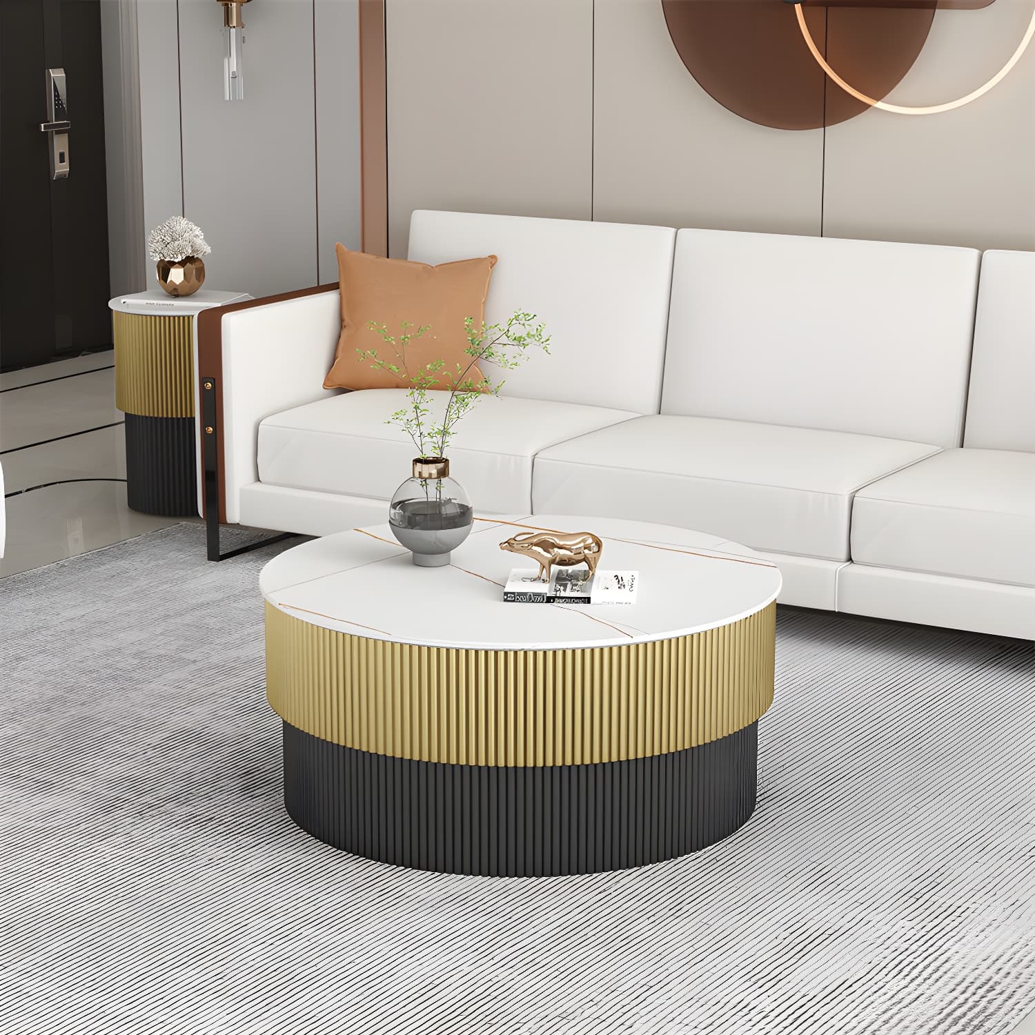 Round Slate Coffee Table Glam Pedestal No Distressing Single Coffee Table - image 5