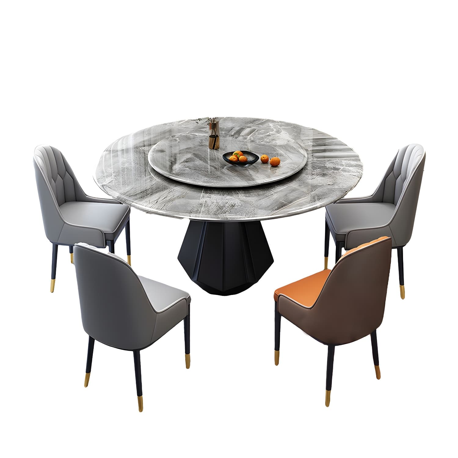 Modern Round Marble Dining Table Set with Black Metal Base in Beige