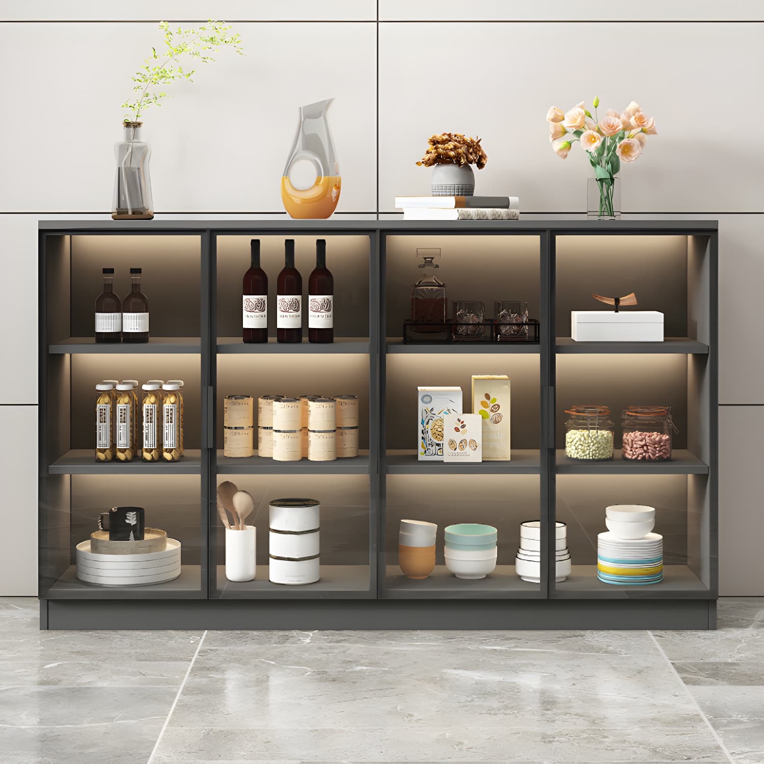 Black Modern Wood Sideboard Credenza with Glass Doors and Interior Shelves - image 3