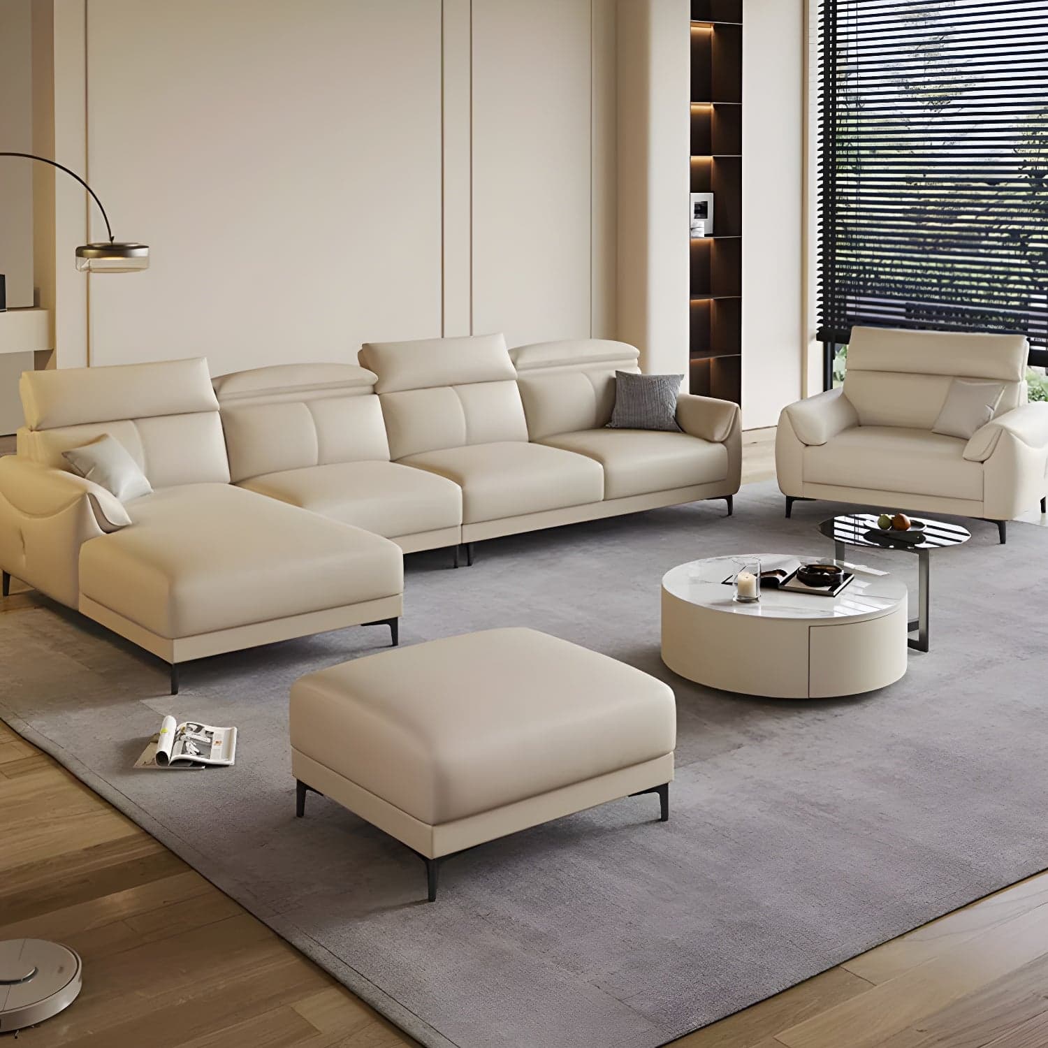 Modern Beige Genuine Leather Sectional Sofa with Adjustable Headrest