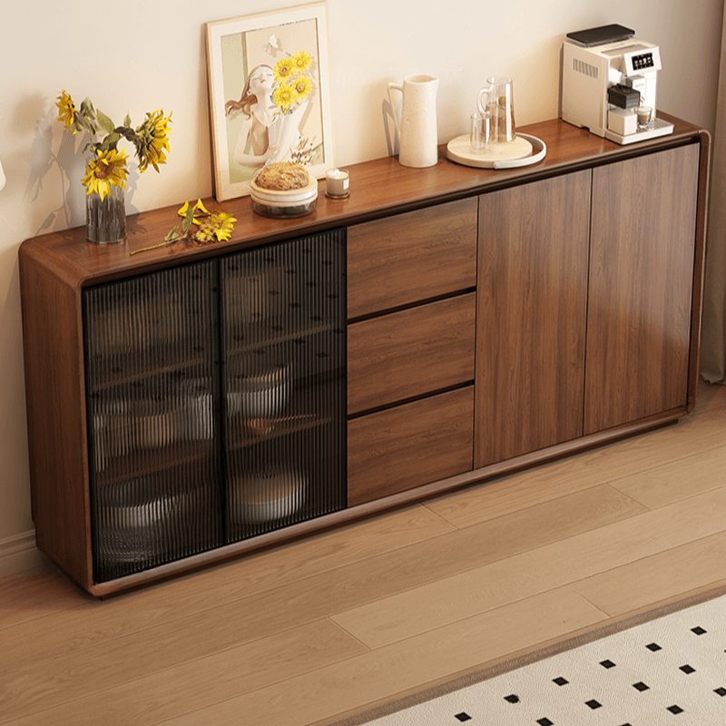 Espresso Sideboard with 3 Drawers, Locker Cabinet, Narrow Size, Compartment Storage, Glass-panel Door, and Flexible Shelf