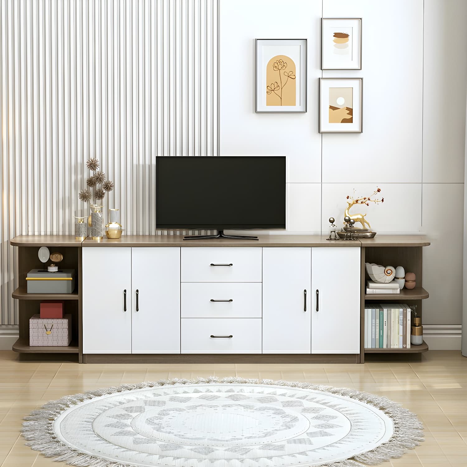 Modern Solid Wood Corner TV Stand Console with Storage Drawers & Shelves - image 6