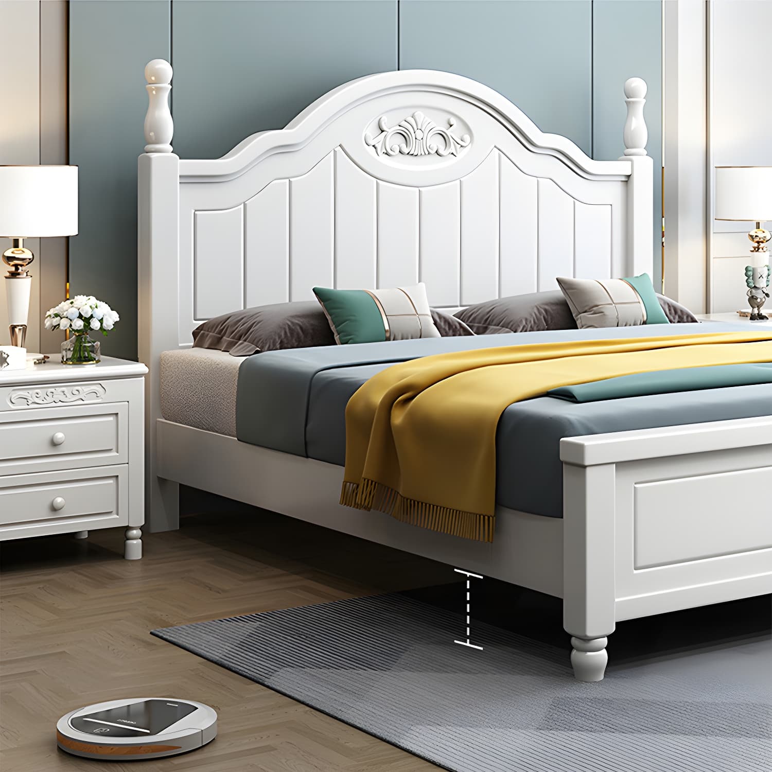 French Country Bed 83.46" Long Bed with Arched Headboard in White - image 6