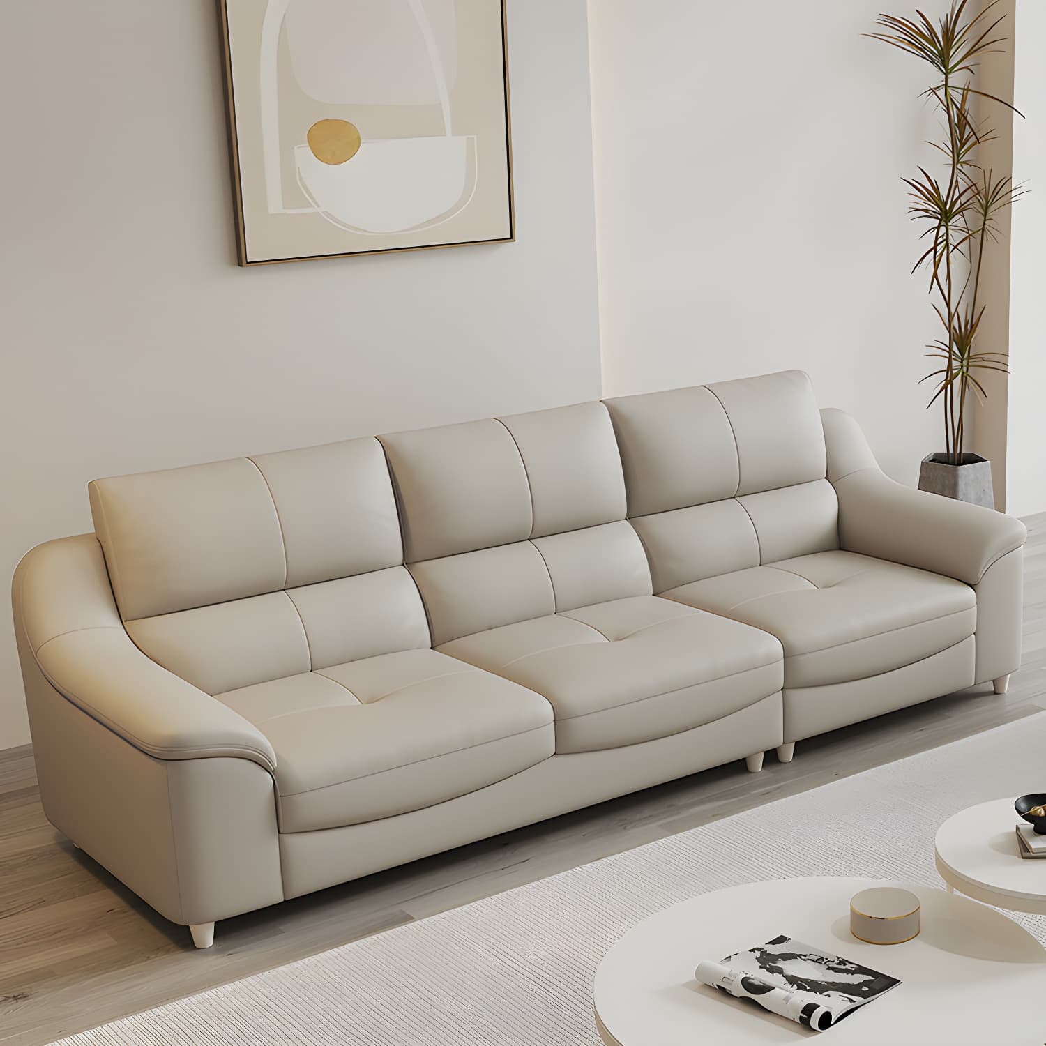 Beige Genuine Leather Modern Stationary Sectional Sofa with Wood Frame