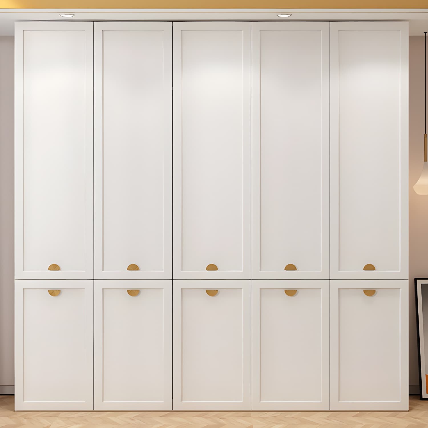 Modern Solid Color Shelves Hinged Doors Cloth Rod Included Cabinet in Beige - image 3