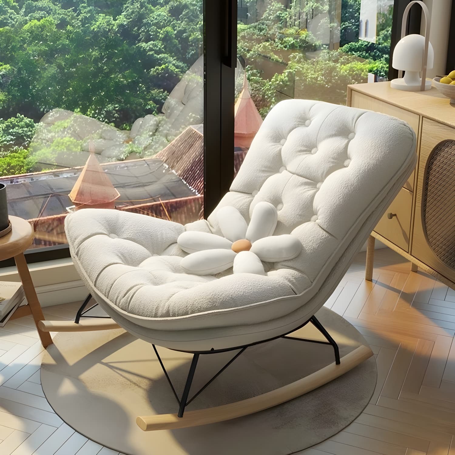 Contemporary Rocking Chair with Spindle Back, Tufted Upholstered and Wood Legs
