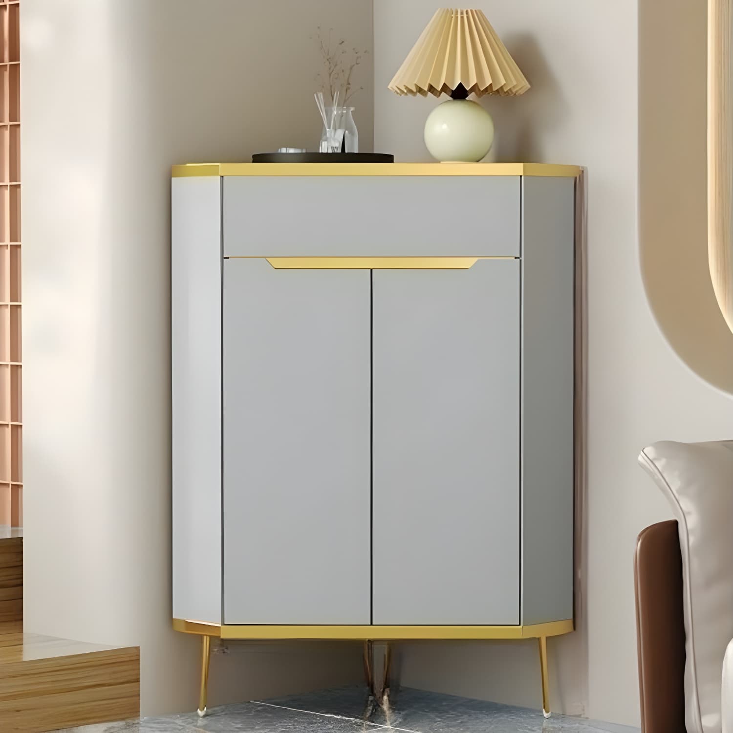 Glam Gold Corner Cabinet with Drawers and Cabinet Included- Scratch resistant & Soft-Close Doors
