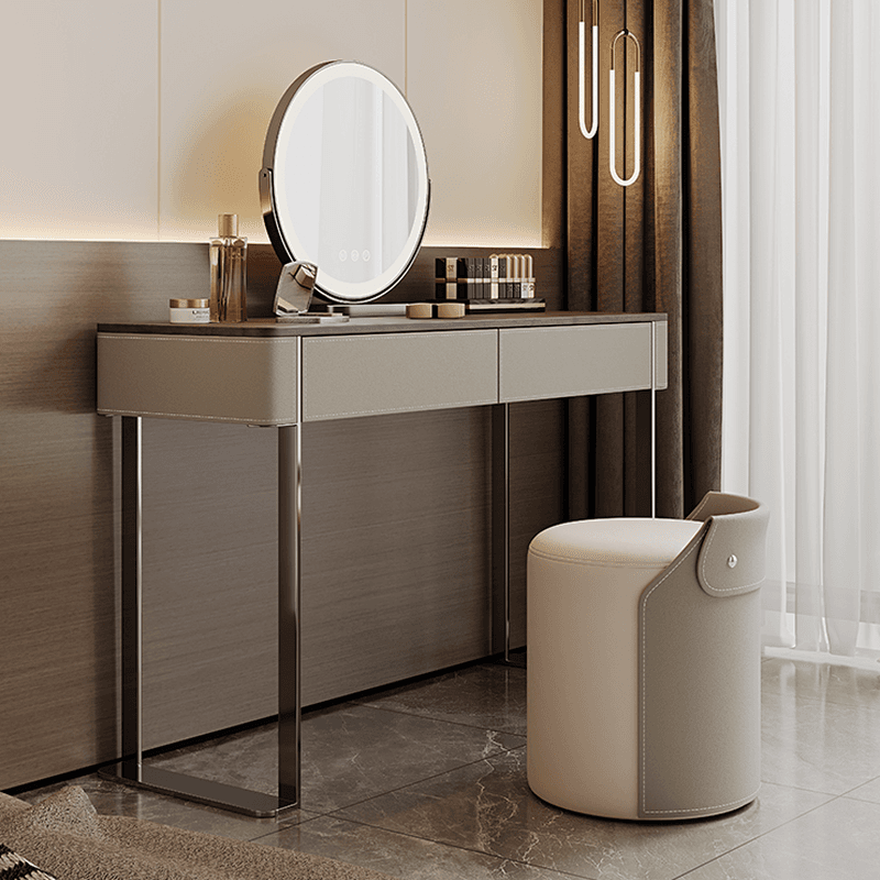 Modish Standard Vanity Set with Timber Table Top, White Chair, 2 Drawers, and Mirror Lights - image 3