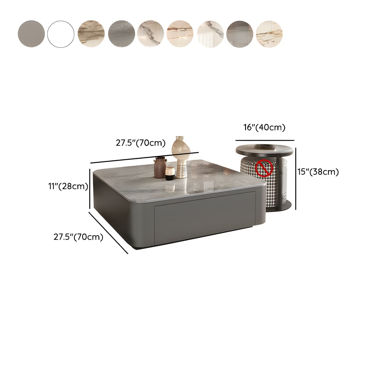 Modern Square Stone Coffee Table Set with Black Metal Block Base and Storage Drawers - image 16
