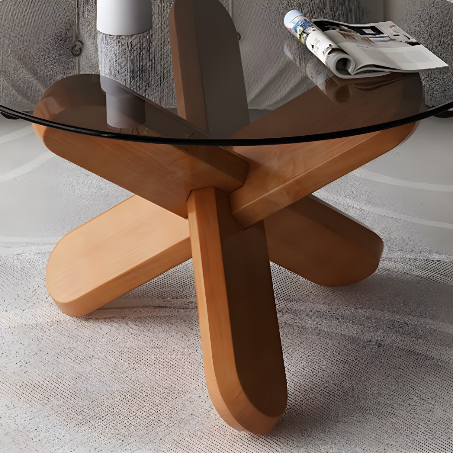 Modern Round Glass Top Coffee Table with Abstract Wooden Leg - image 9