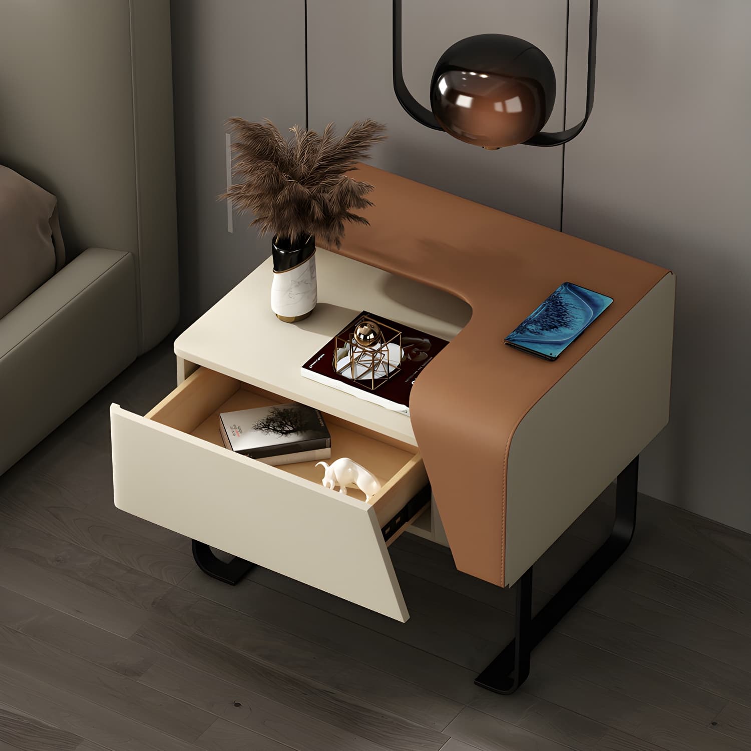 Modern Wooden Nightstand 19" Tall Sled Bedside Cabinet with Drawer - image 11