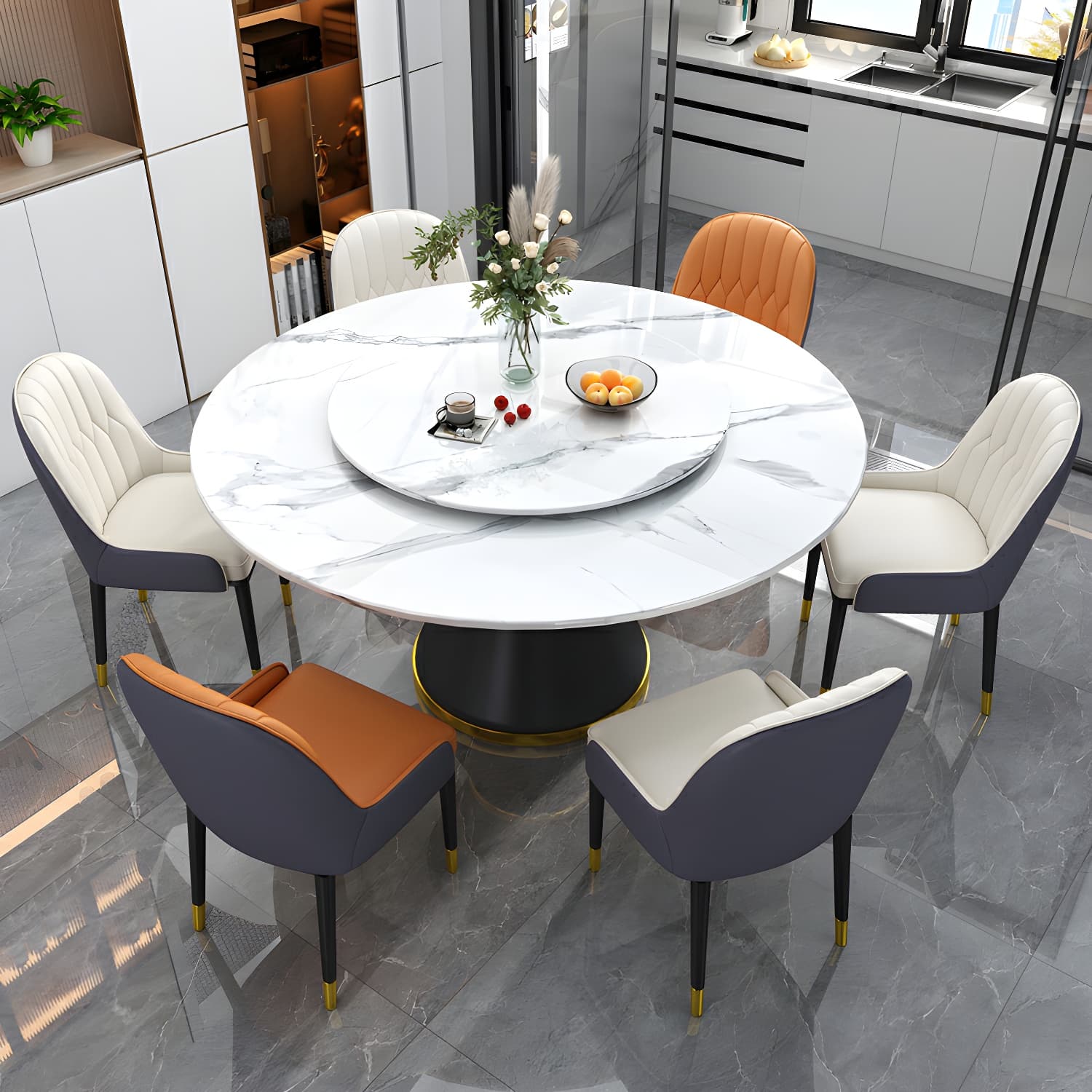 Stone Modern Round Dining Table with Black Steel Pedestal Base and Lazy Susan - image 6