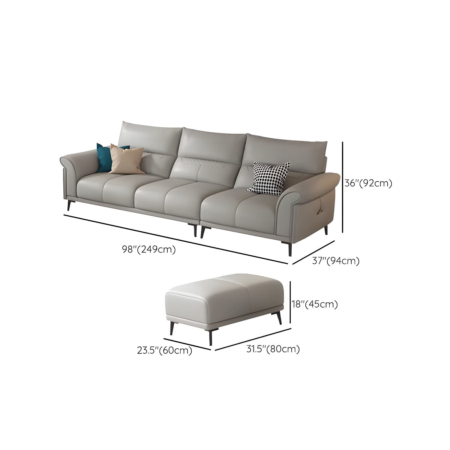 Modern Gray Genuine Leather Stationary Sectional Sofa with Flared Arms - image 12