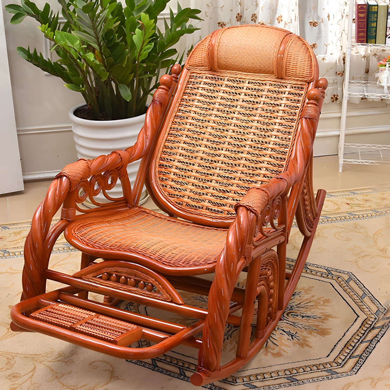 Traditional Spindle Rocking Chair Tobacco Finish with Pillow Rocker Chair Wicker - image 9