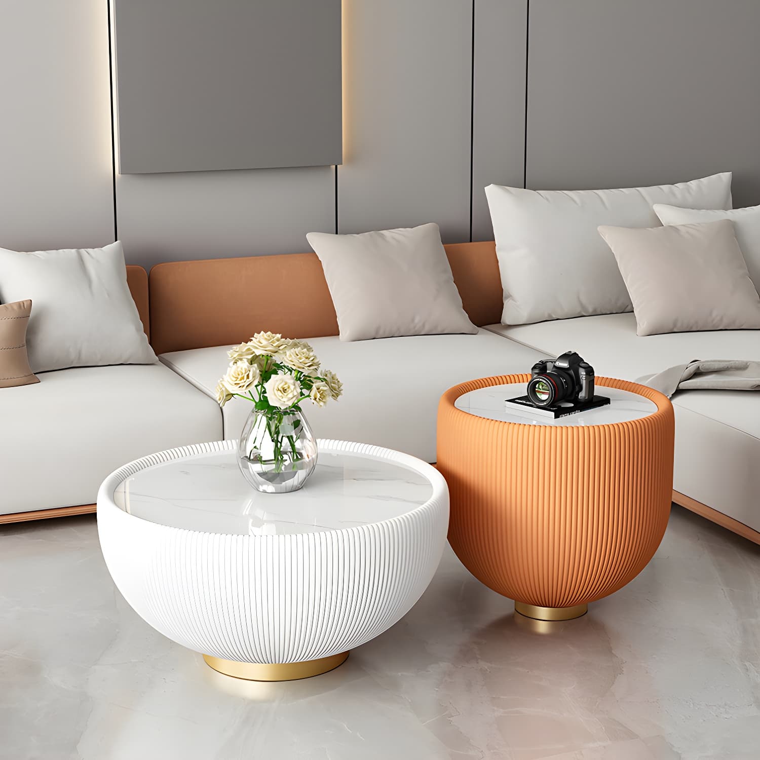 Square Block Base Cocktail Table Rock Plate Desktop Round Coffee Table with Metal Base - image 6