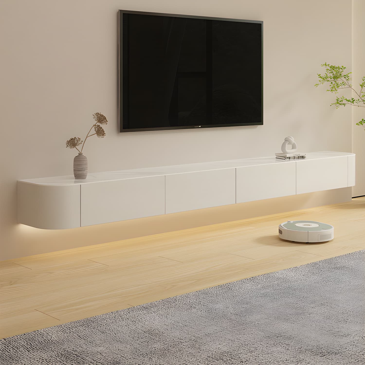 Contemporary Stone TV Stand Console White Floating TV Media Stand for Living Room - image 3