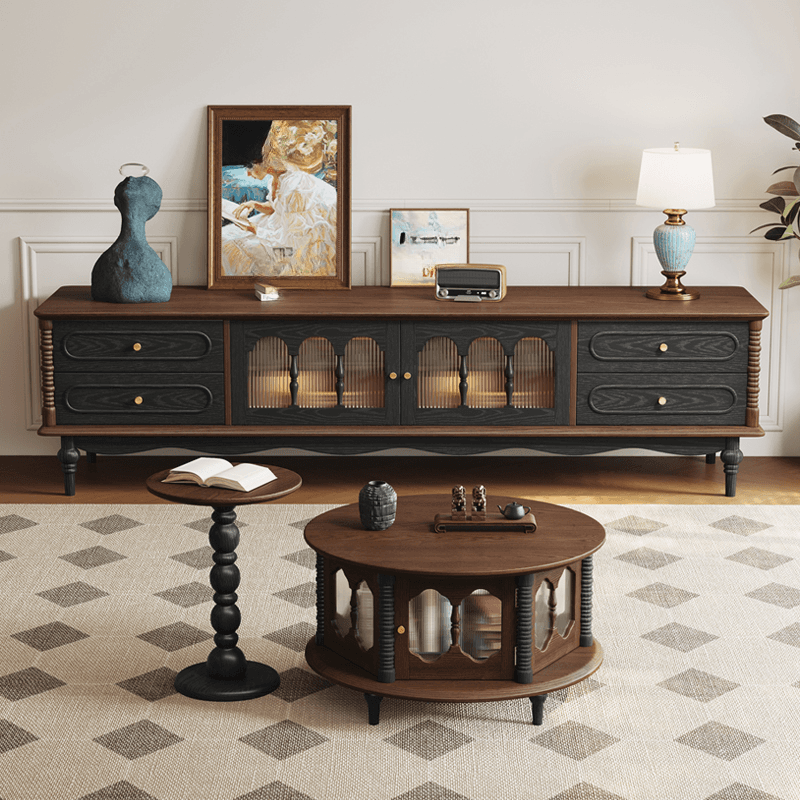 Art Deco Natural Wood TV Stand with 4 Drawers, Locker, Cable Management, and Adjustable Shelving - image 5