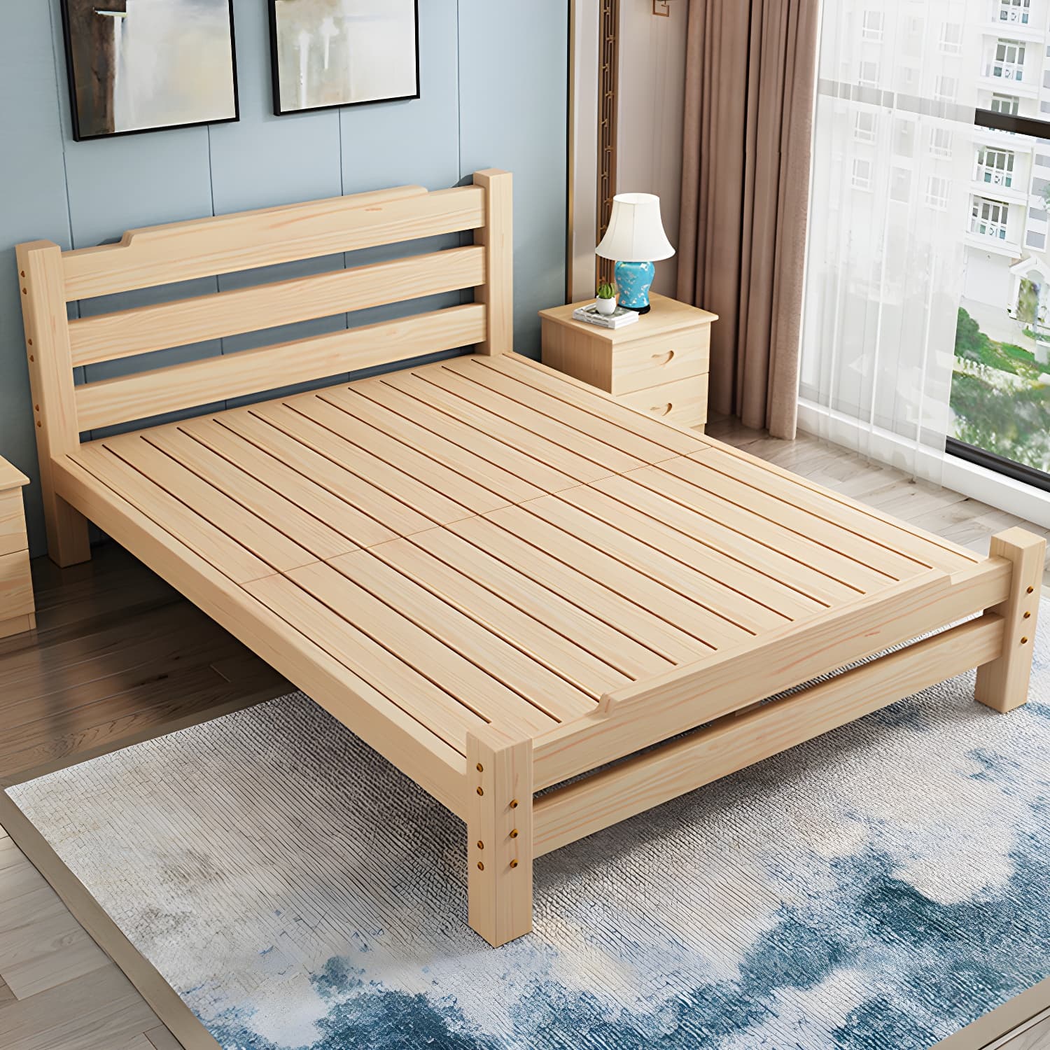 Pine Wood Bed in Light Brone Scandinavian Bed with Headboard - image 4