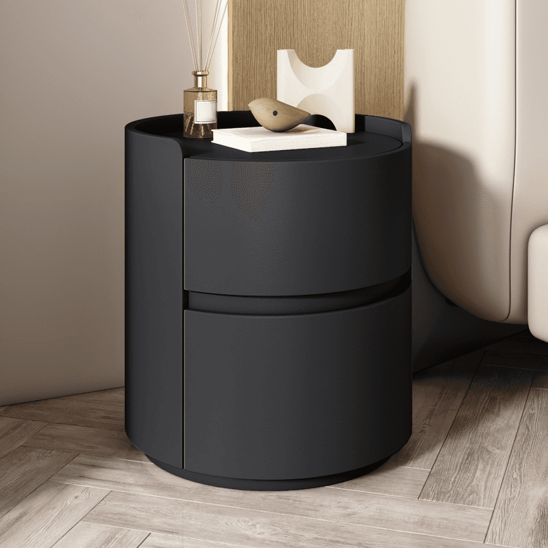 Scandinavian Round Nightstand with 2 Drawers and Synthetic Leather Countertop