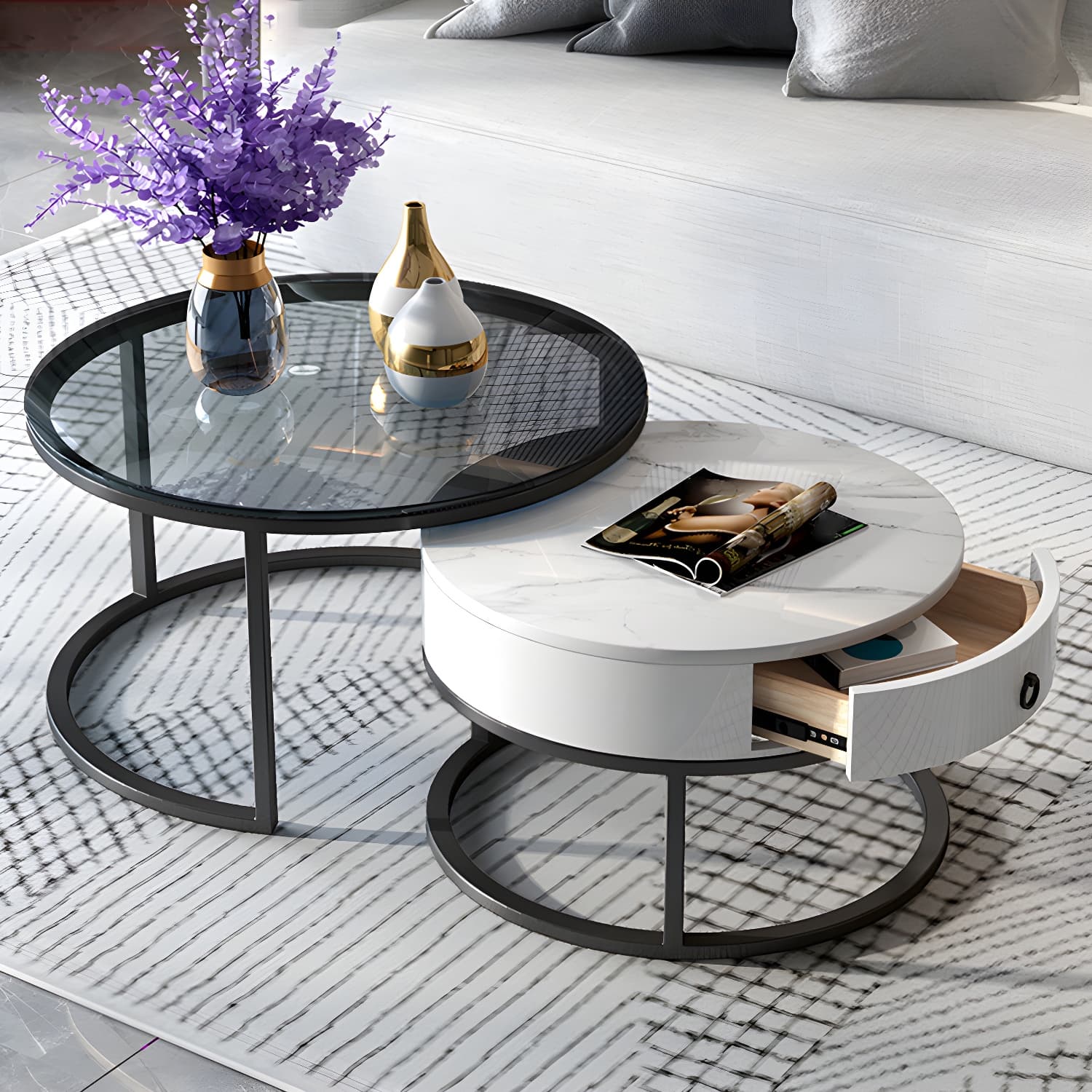 Round Frame Coffee Table Slate Nesting Coffee Table Set with Drawer - image 10