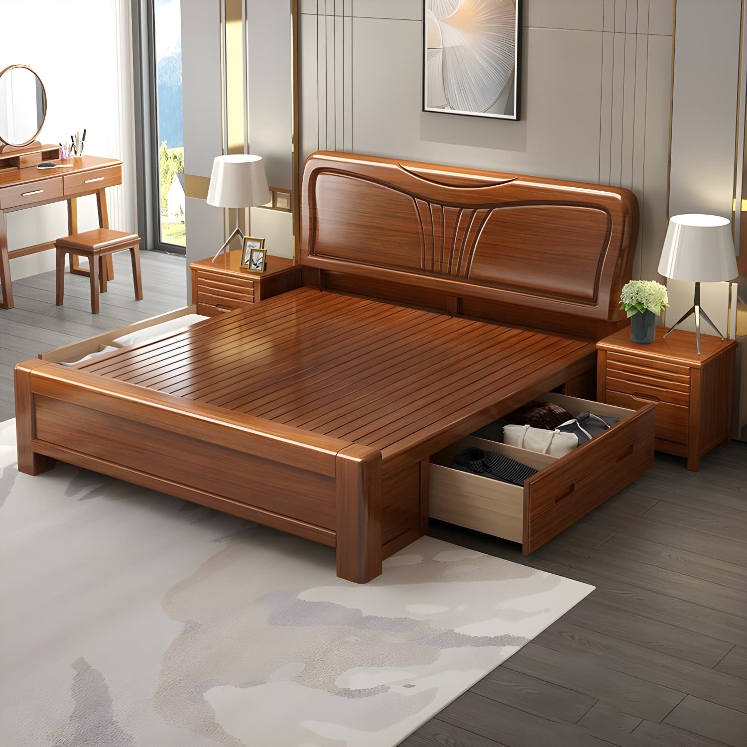 Traditional Style Bed Frame Walnut Standard Bed with Headboard - image 3