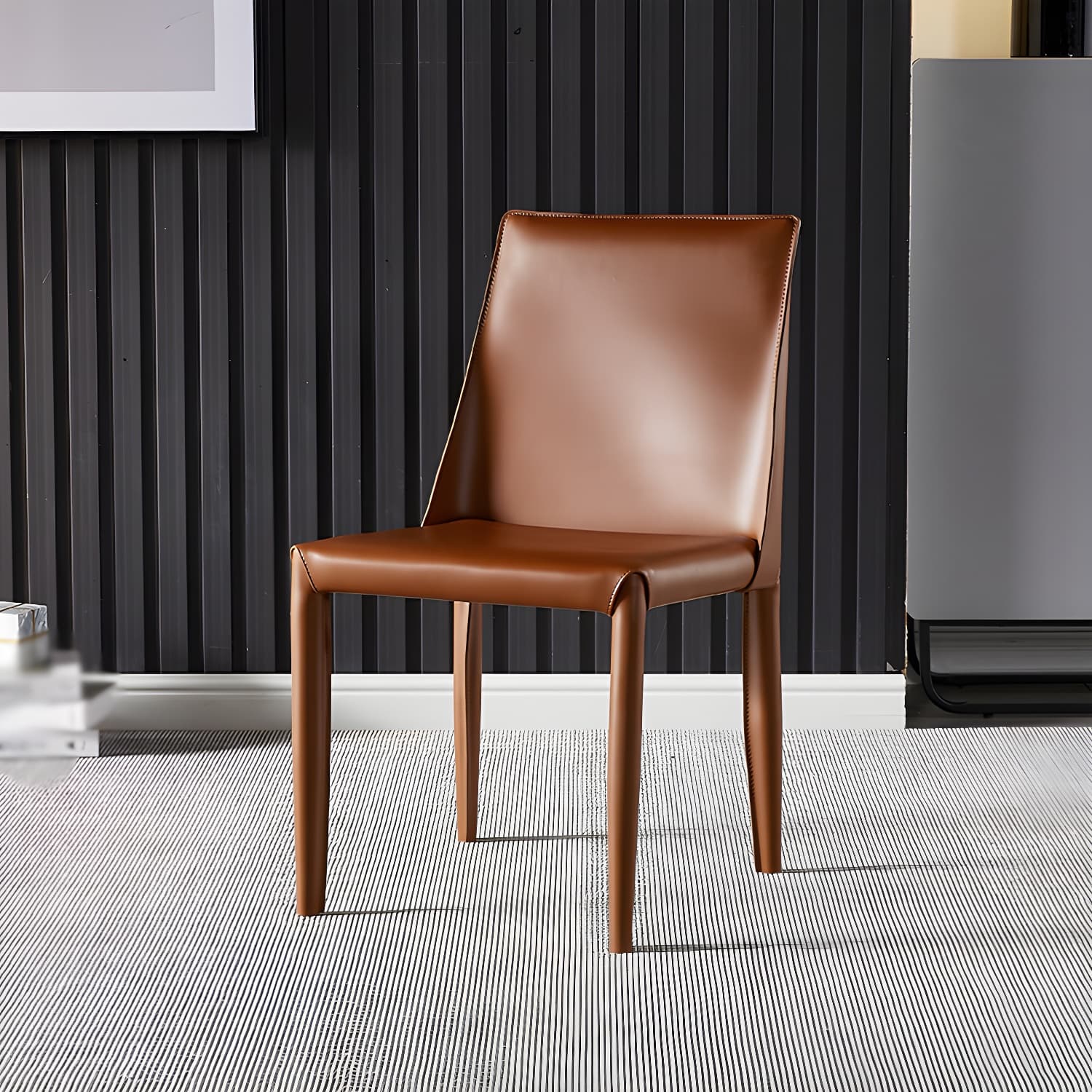 Designer Style Restaurant Saddle Leather Side Chair Matte Finish Parsons Dining Chair