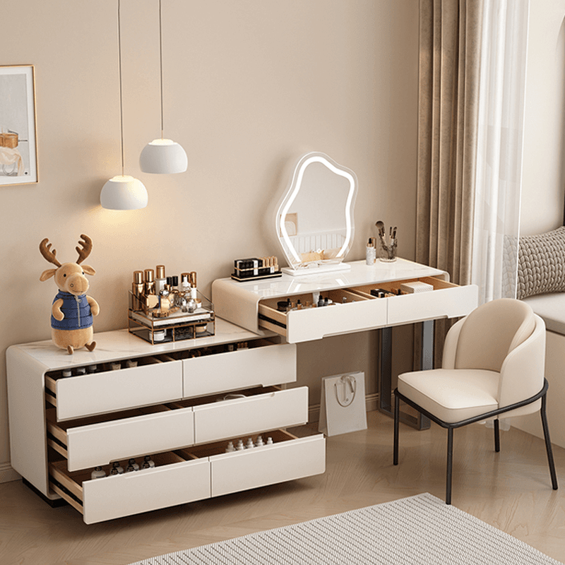 Large/Standard Stone Vanity Set with White Upholstered Chair, 5/8 Drawers, Mirror Lights, and Lighting