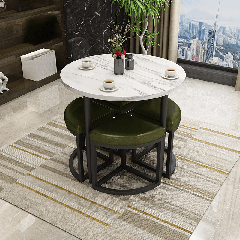 Reclaimed Wood Round Dining Table Set with Metal Toboggan Base and Upholstered Backless Chairs for 4 People - image 36