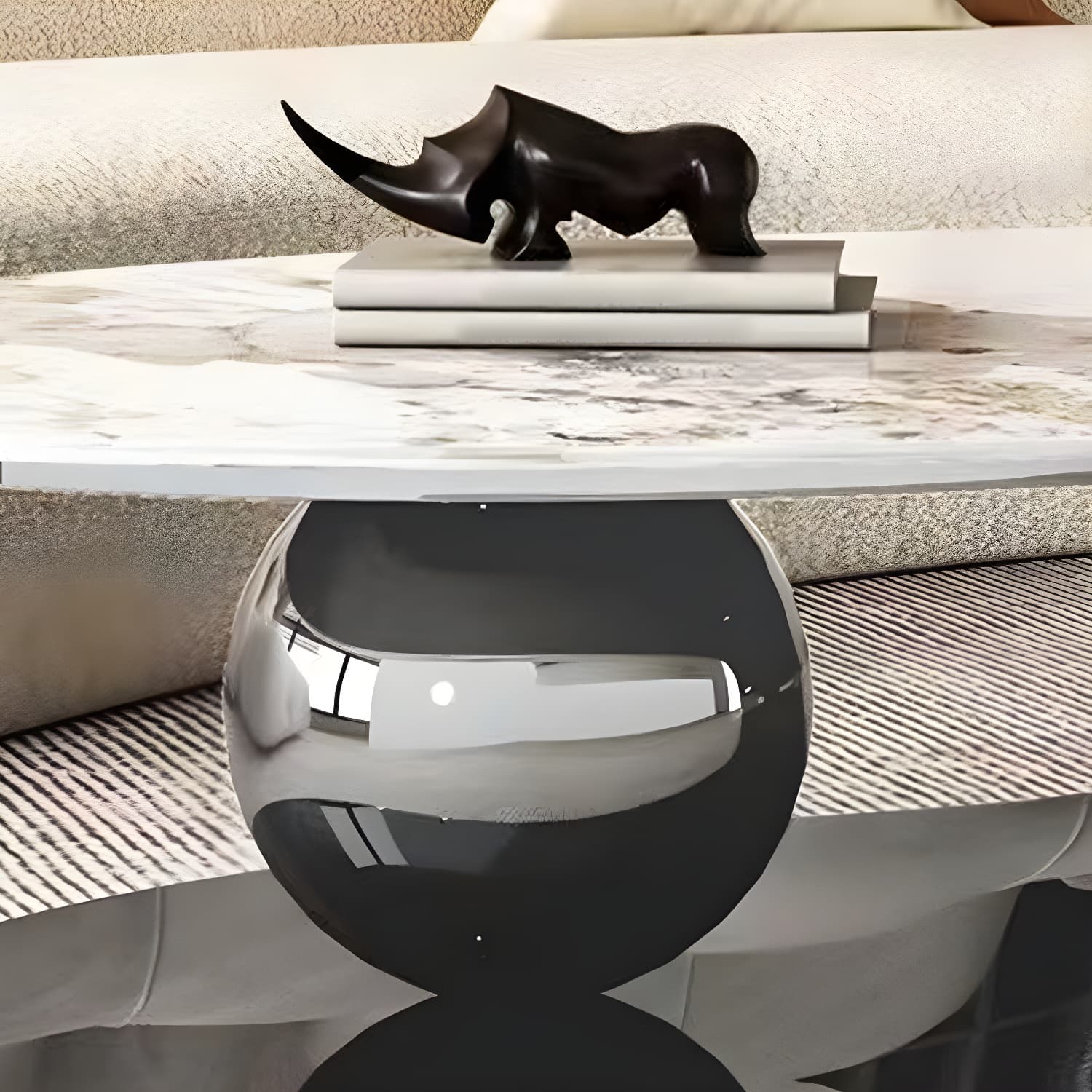 Glam Stone Coffee Table - Beige Oval Shape with Abstract Stainless Steel Base and Scratch Resistant - image 9