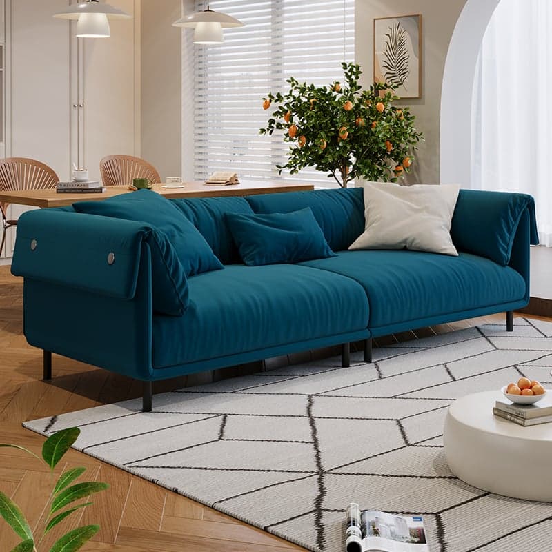Drawing Room Standard Sofa in Genuine Leather/Flannel with White/Cerulean/Tan Upholstery, Armrest, and 3 Pillows - image 4