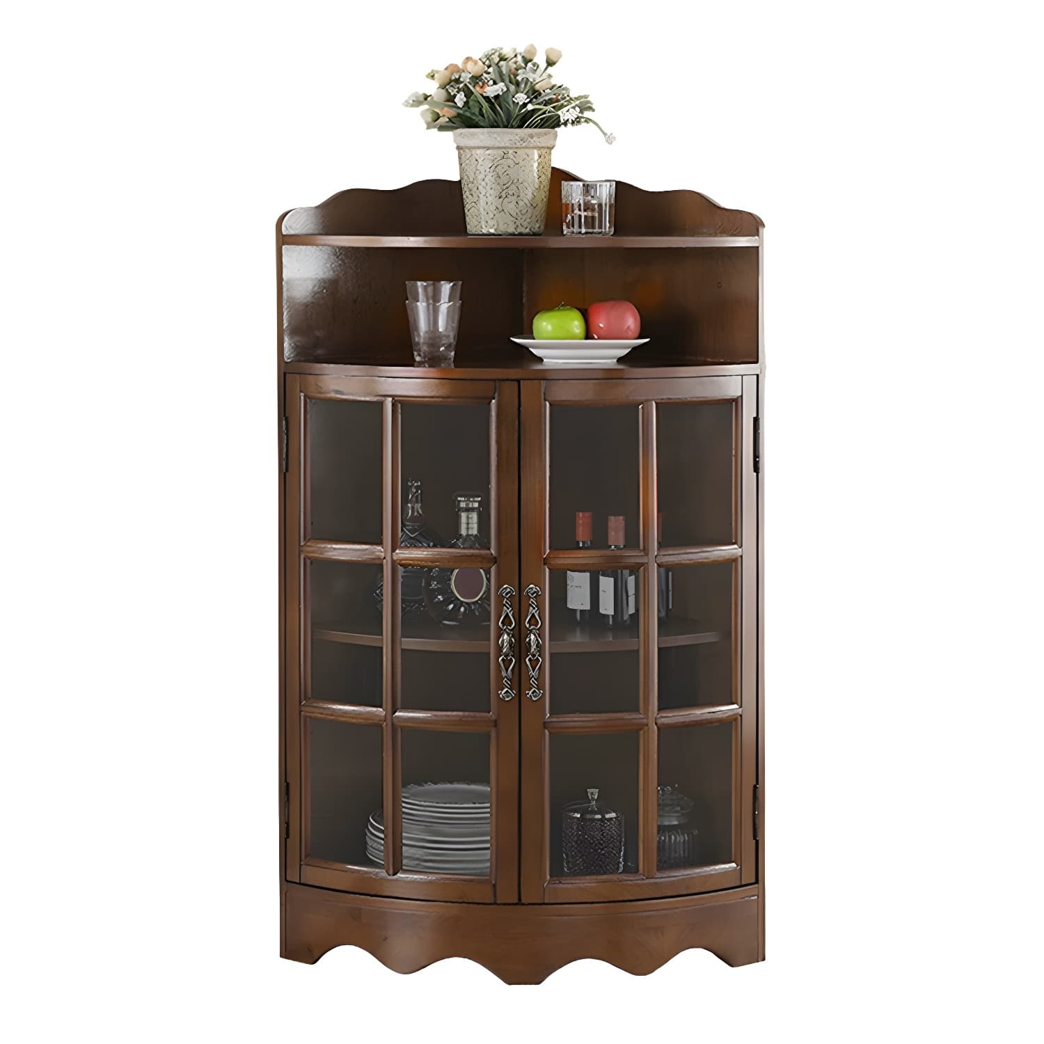 Mid-Century Modern Corner Accent Cabinet with Brown Wood Countertop, Glass Door & Cabinet Storage