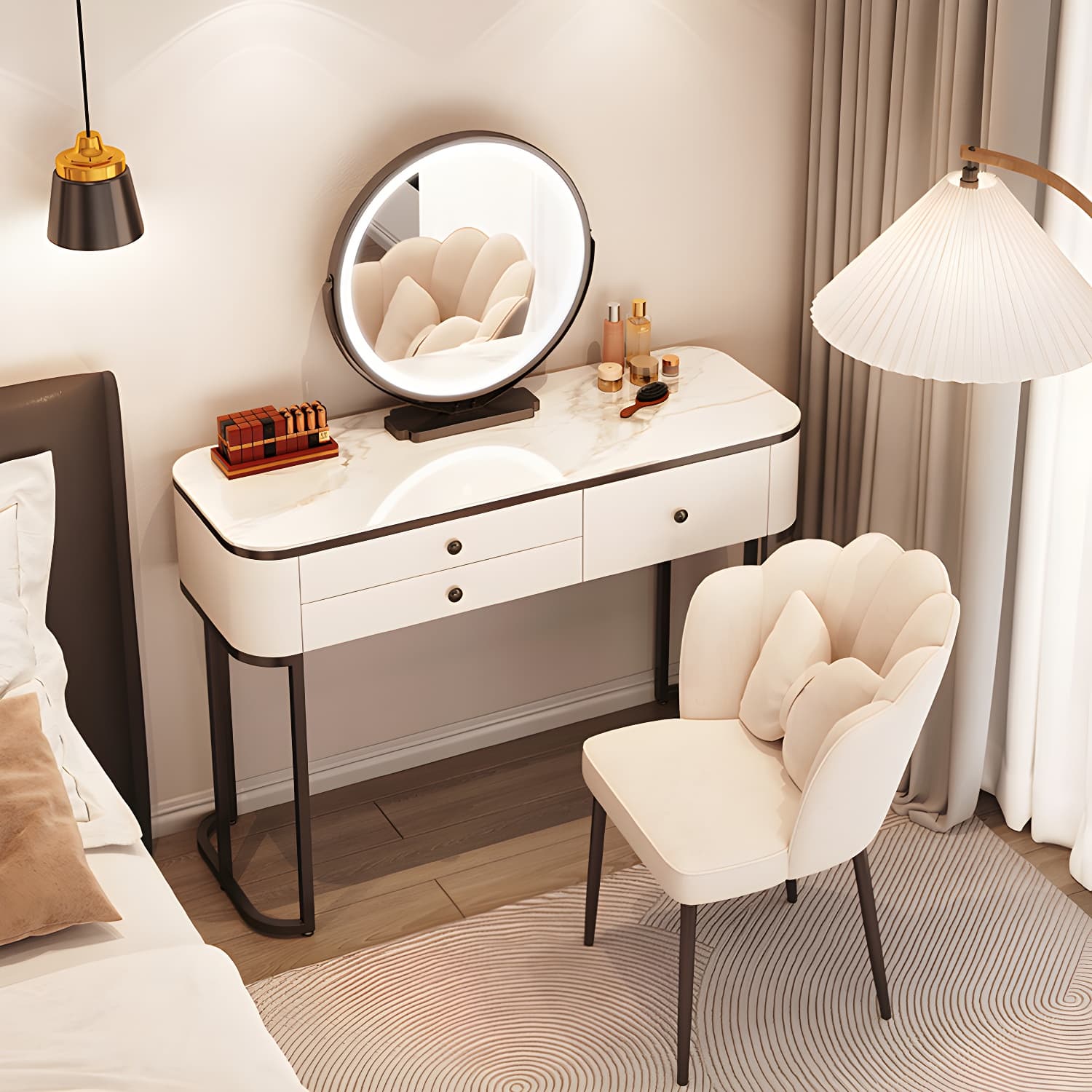 Contemporary Marble and Wood Vanity Table and Stool Set Glam Vanity Dressing Table - image 3