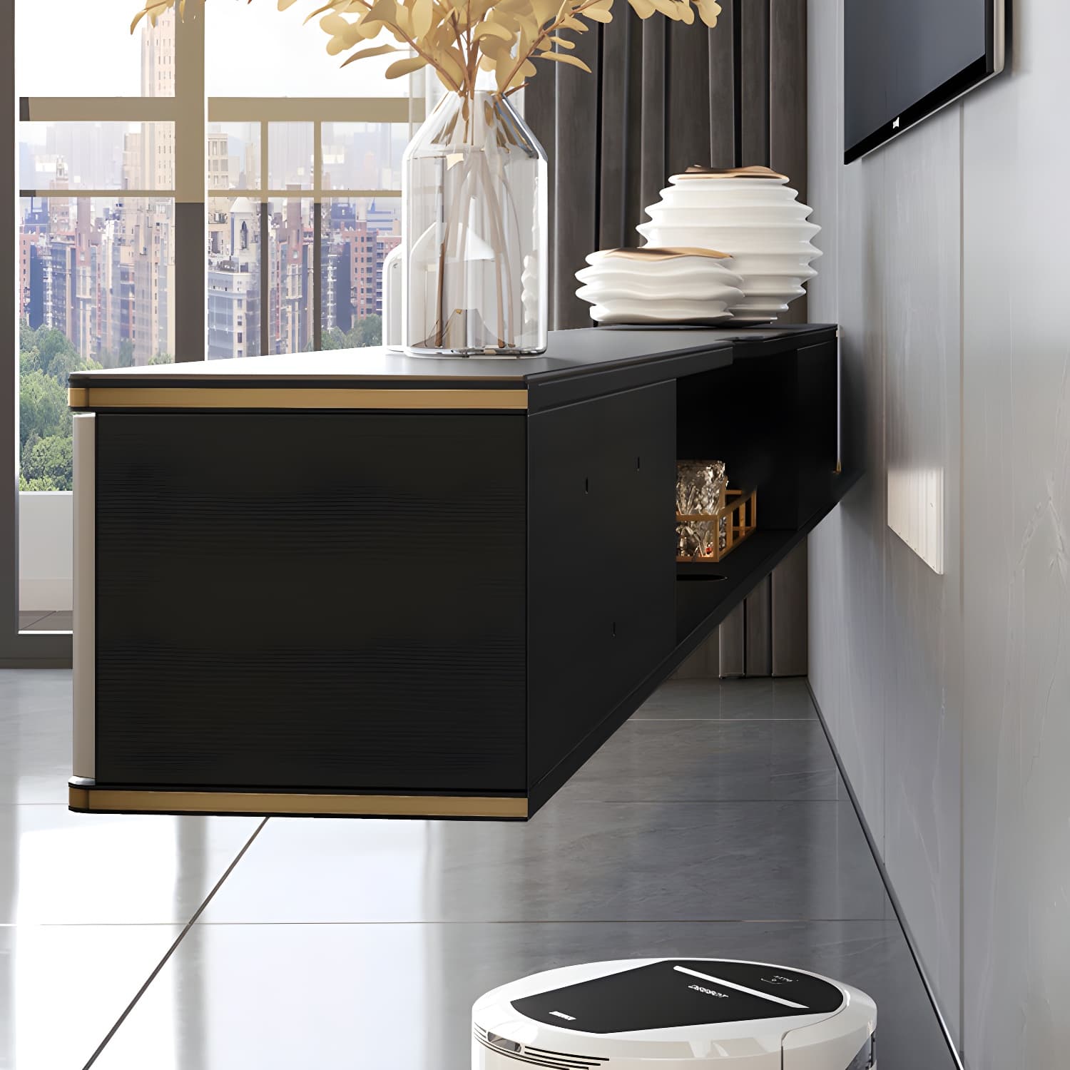 Glam Floating TV Media Stand with Drawers Stone and Wood TV Stand - image 7