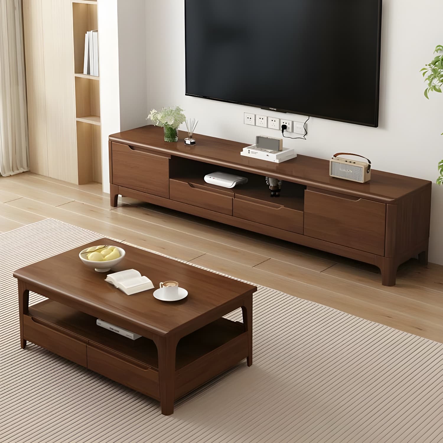 Scandinavian Low Profile 40cm Wide Wood TV Stand with Two Drawers and Cabinet No Assembly Required - image 5