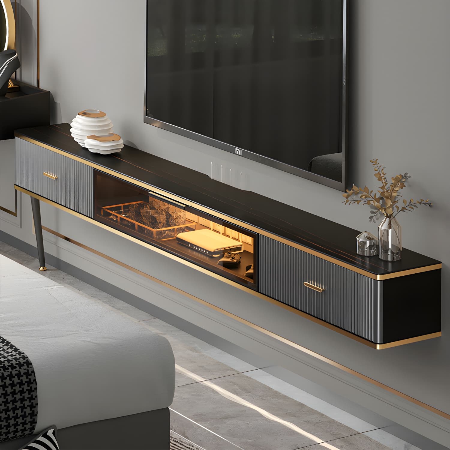 Black Slate TV Cabinet Gorgeous Style Home Wall Mounted TV Cabinet Console - image 12