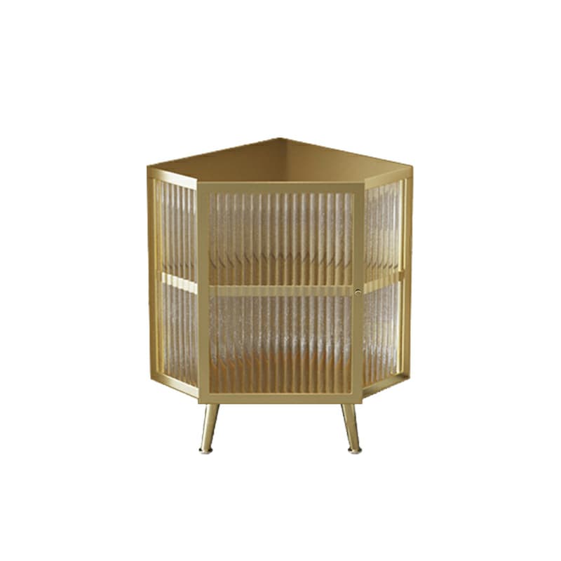 Gold Corner Accent Cabinet with Glass Doors and Metal Shelving