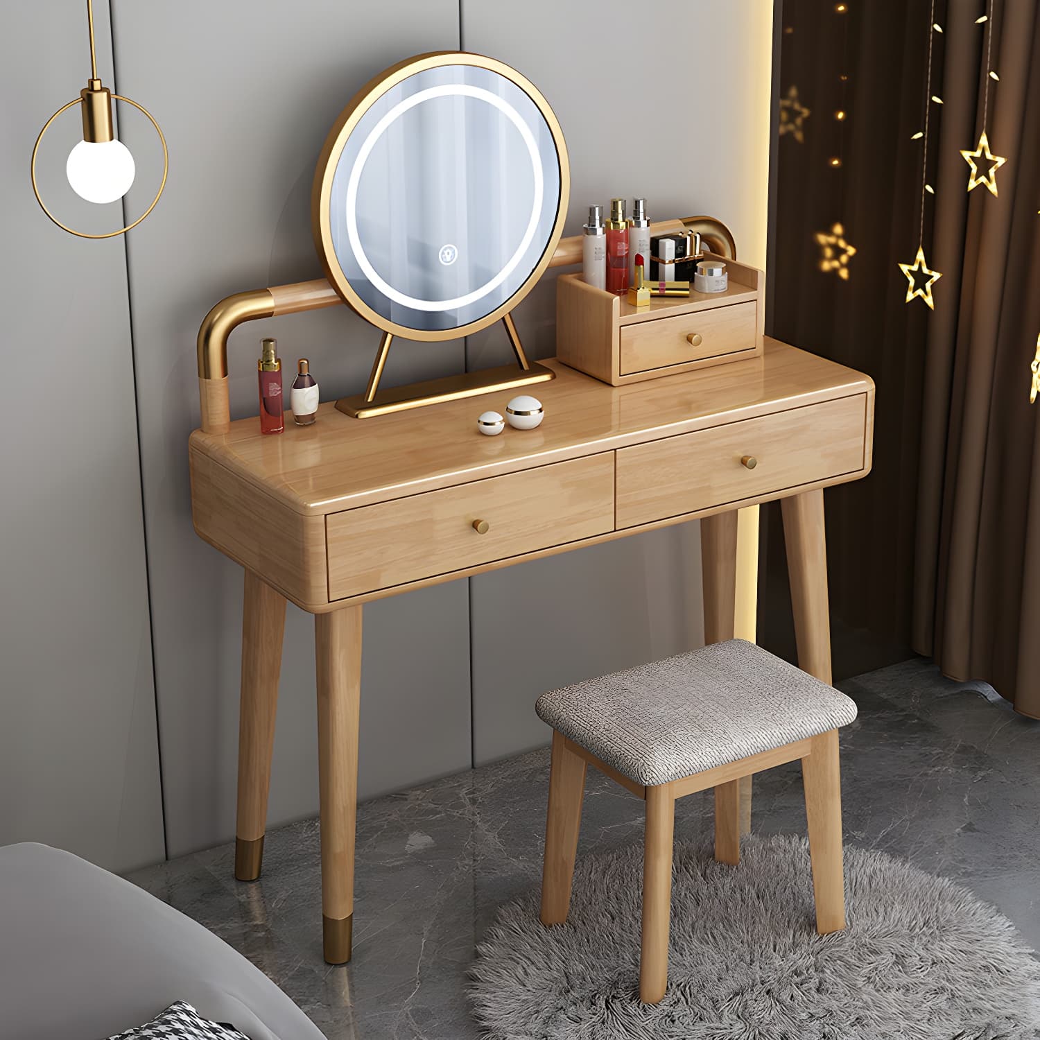 Solid Wood Make-up Vanity With Drawers and Stool for Bedroom - image 9