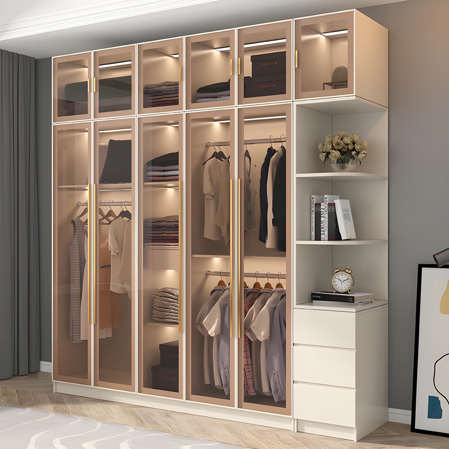 Glass and Wood Wardrobe Cabinet with Shelves Modern Wardrobe Closet