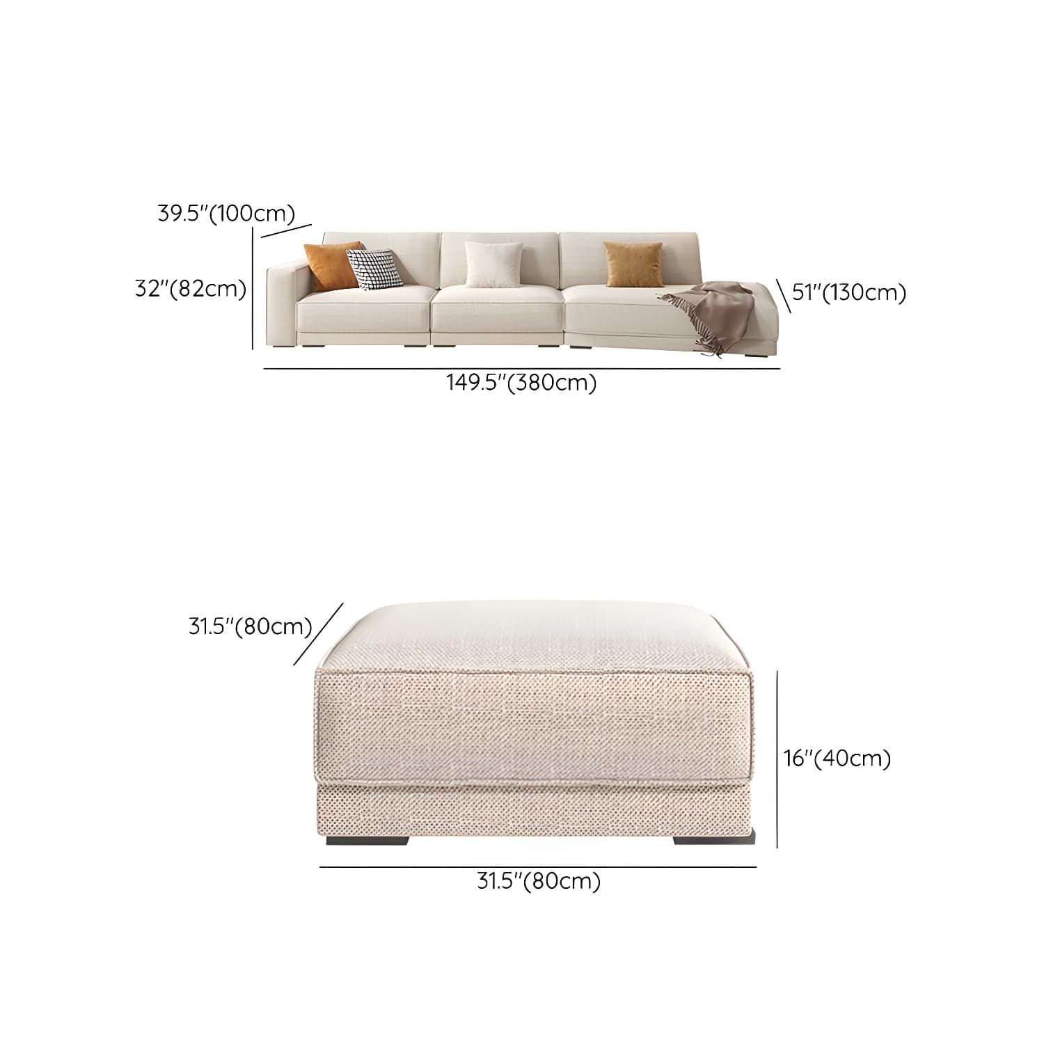 Modern Beige Linen L-Shape Sofa Chaise with Square Arm in Wood Frame - image 30