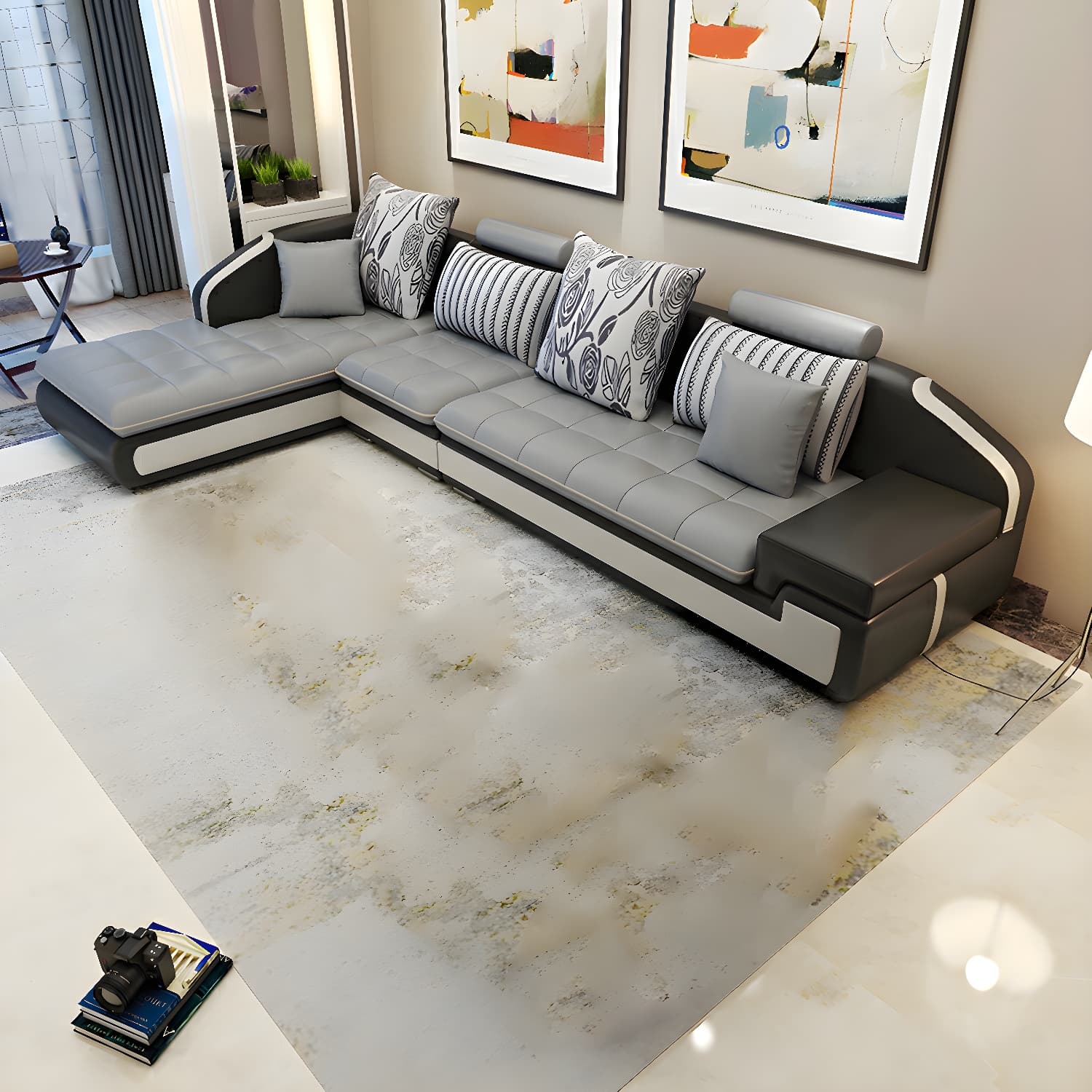 Modern Wood Frame L-Shaped Stationary Sofa Chaise in Tech Cloth with Pillow Back