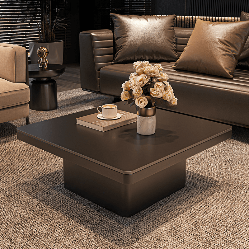 Contemporary Design Transparent Glass Single Board Game Coffee Table with Plinth Base in Midnight Black, Square Top