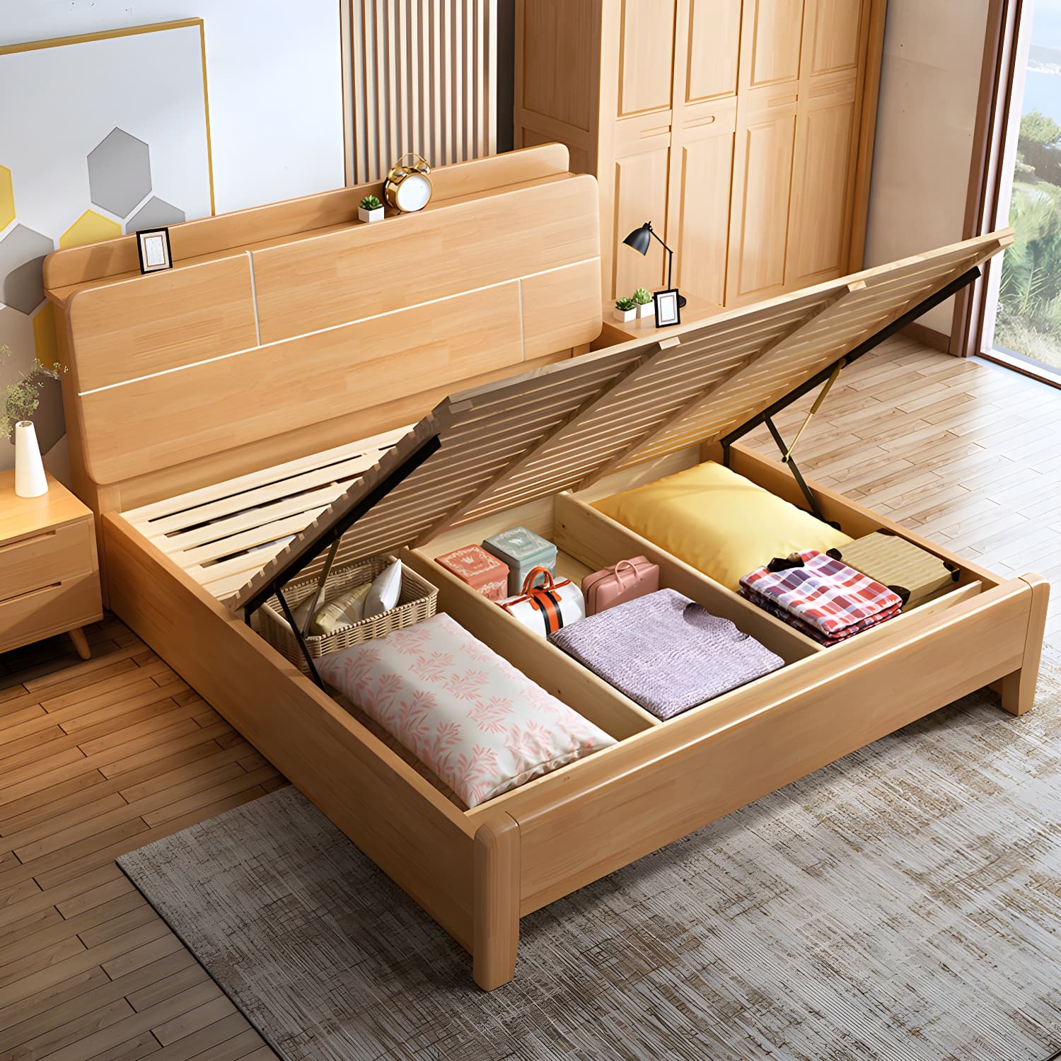 Scandinavian Solid Wood Bed with Headboard 39.37" Tall Standard Bed - image 3