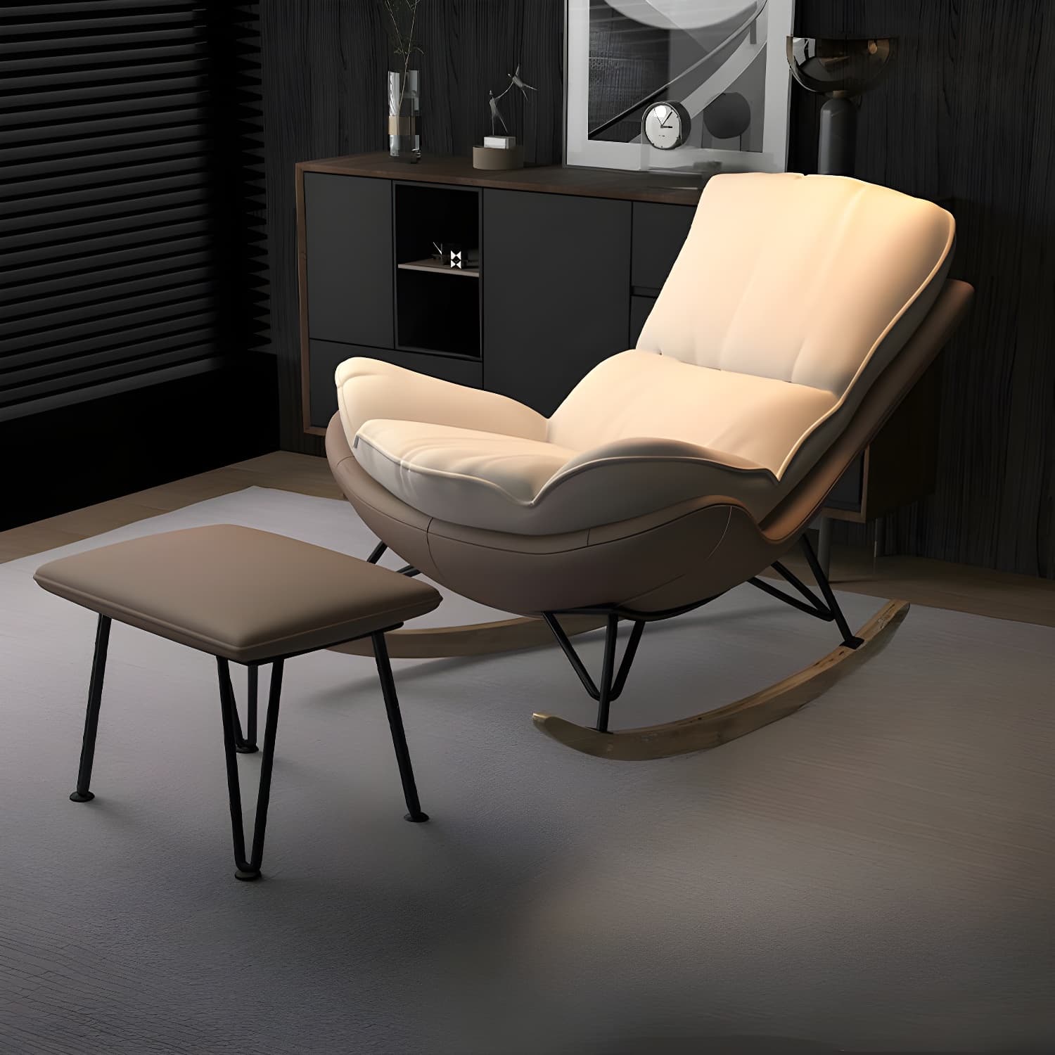 Modern Upholstered Rocking Chair with Natural Wood Legs and Arms, Complete with Ottoman