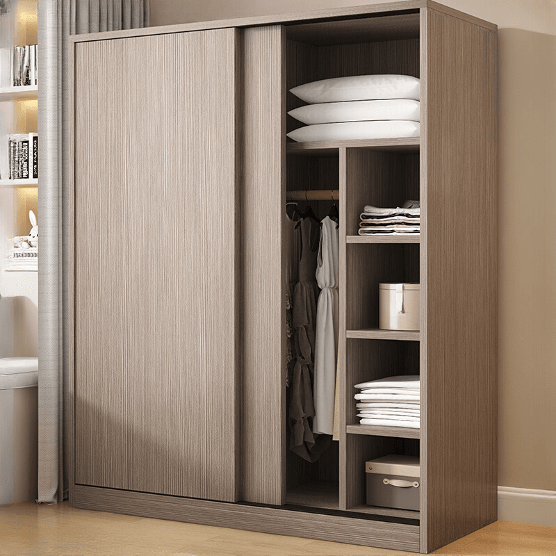 Sleek Natural Finish Modern Wooden Standalone Wardrobe Closet with Soft Close Features and Hanging Rod