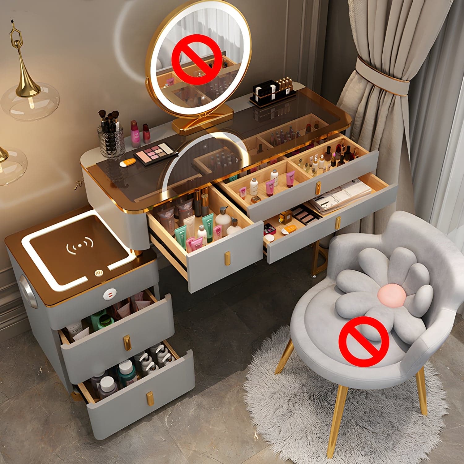 Glam Glass Top Mirrored Vanity Desk and Stool Set with 5 Drawers - image 3