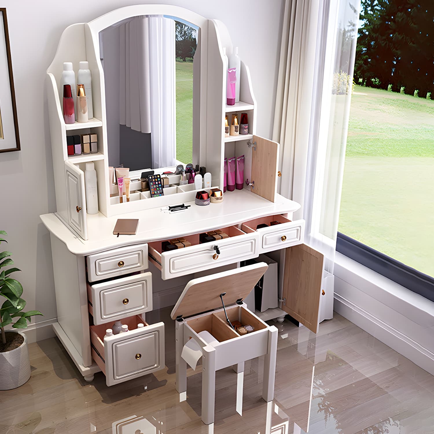 Traditional Solid Wood Makeup Dressing Table 60.23" H Vanity Set with Stool and Mirror - image 16