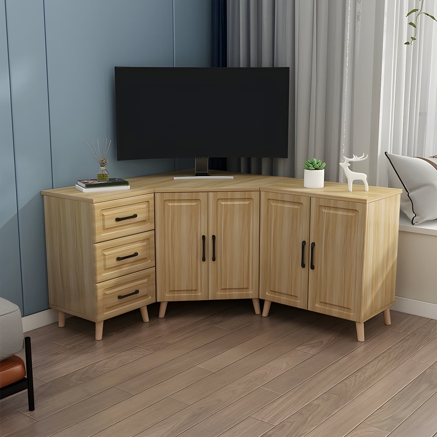 Bar Pulls Contemporary Manufactured Wood with Shelves Corner Accent Cabinet