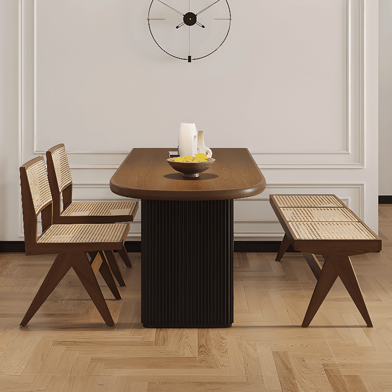 Minimalist Peninsula Dining Table Set with Wood Slab Top, Two-sided Pedestal Base, Fixed Table in Auburn